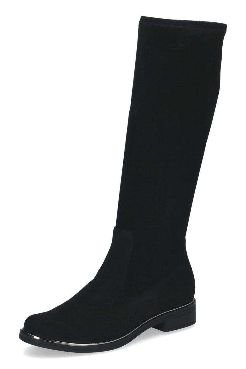 Caprice black stretch knee-high boots, front three-quarter view