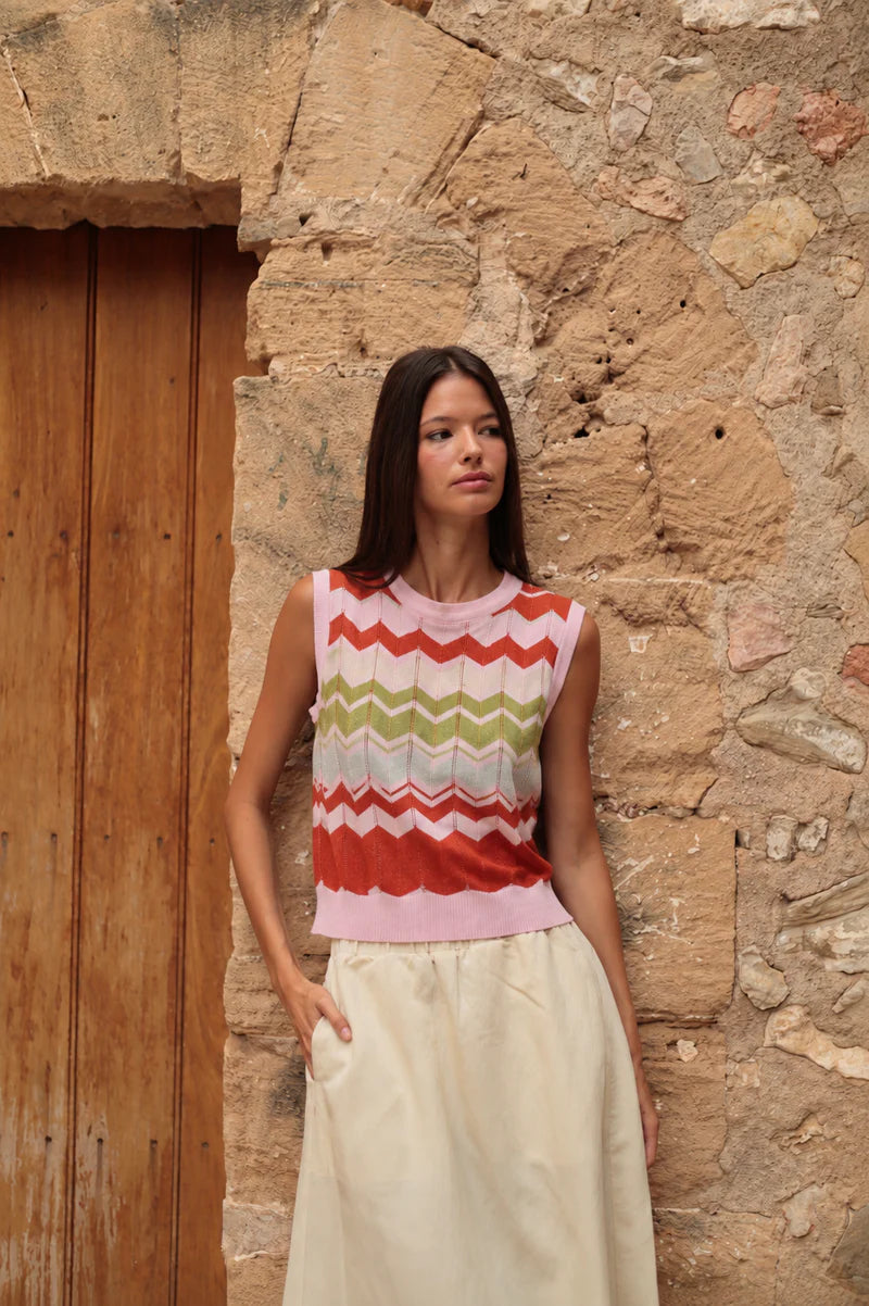 Luna Llena Brill Orange Knit Geometric Sleeveless Top MI13