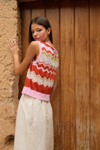 Luna Llena Brill Orange Knit Geometric Sleeveless Top MI13