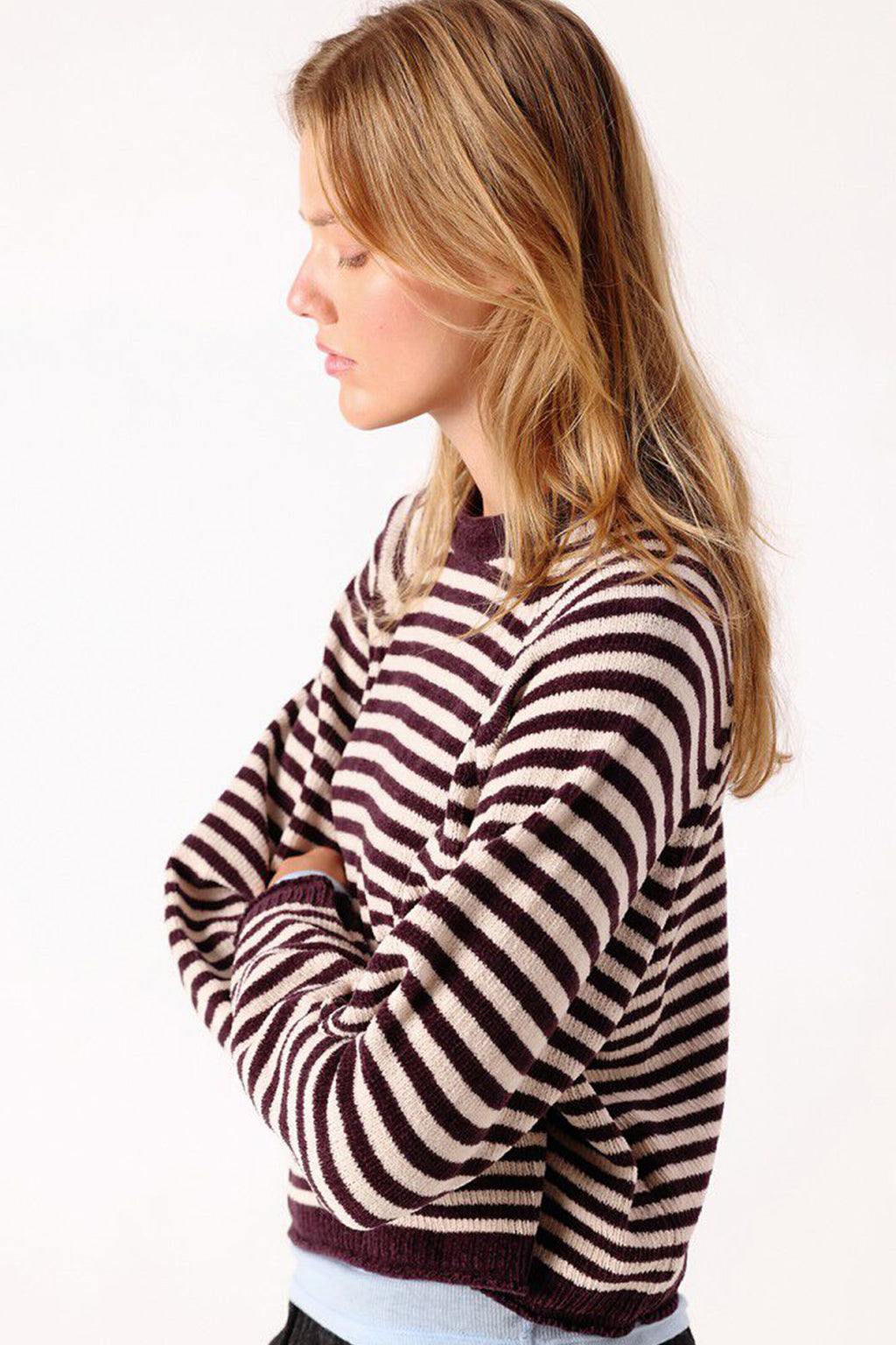 American Vintage Ekewood Rayures Aubergine et Rose Pale Purple Striped Jumper EKE18A, side view