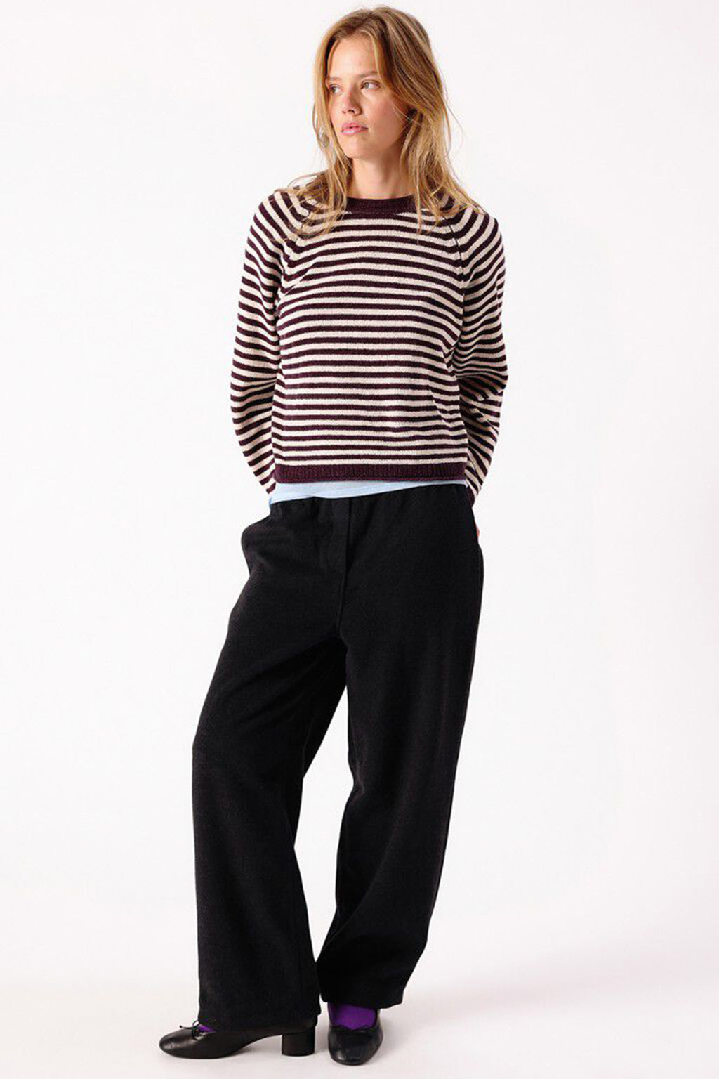 American Vintage Ekewood Rayures Aubergine et Rose Pale Purple Striped Jumper EKE18A, full length