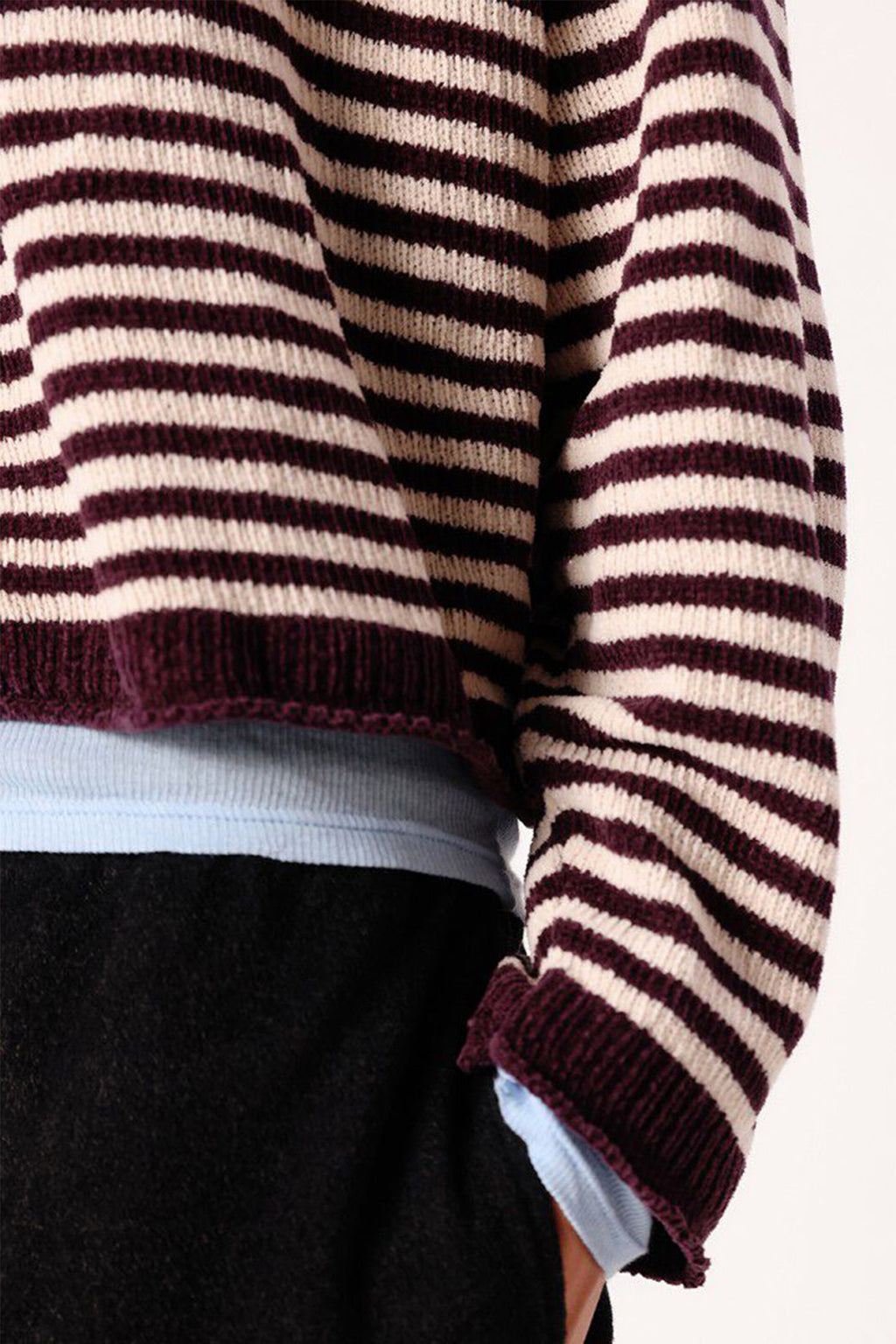 American Vintage Ekewood Rayures Aubergine et Rose Pale Purple Striped Jumper EKE18A, hem and cuff detail