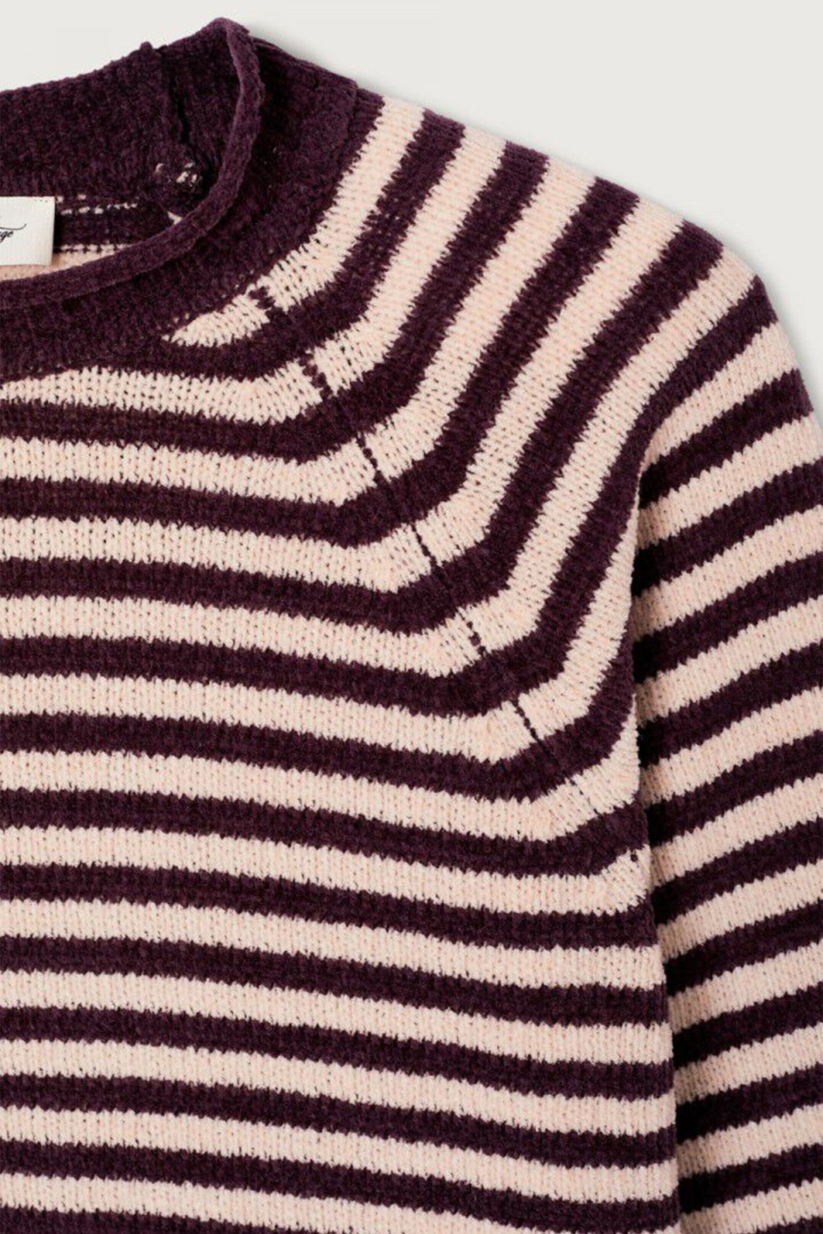 American Vintage Ekewood Rayures Aubergine et Rose Pale Purple Striped Jumper EKE18A, neckline and stripe detail