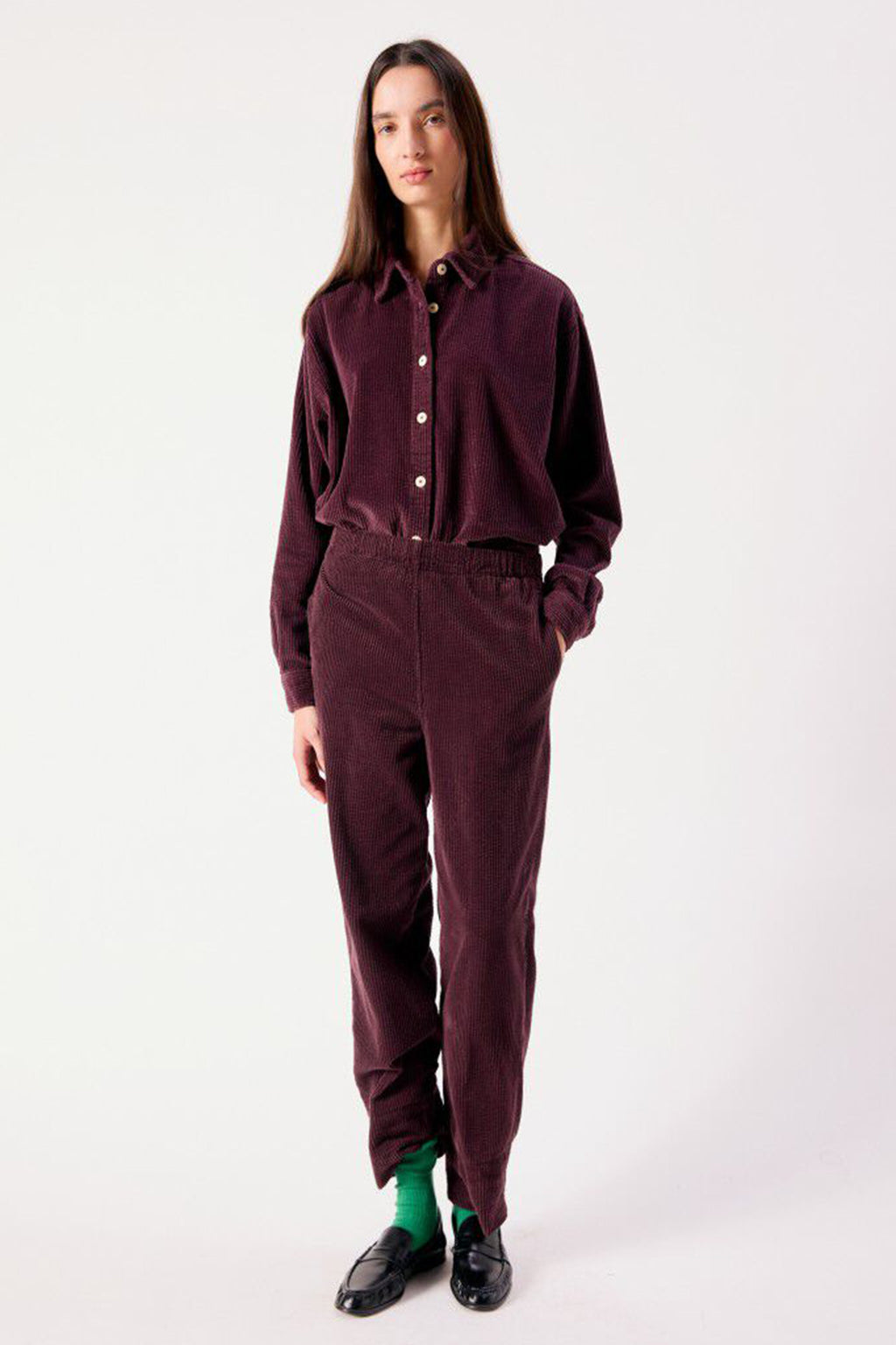 American Vintage Padow Auburn Vintage Purple Trousers PADO137, full length with matching shirt