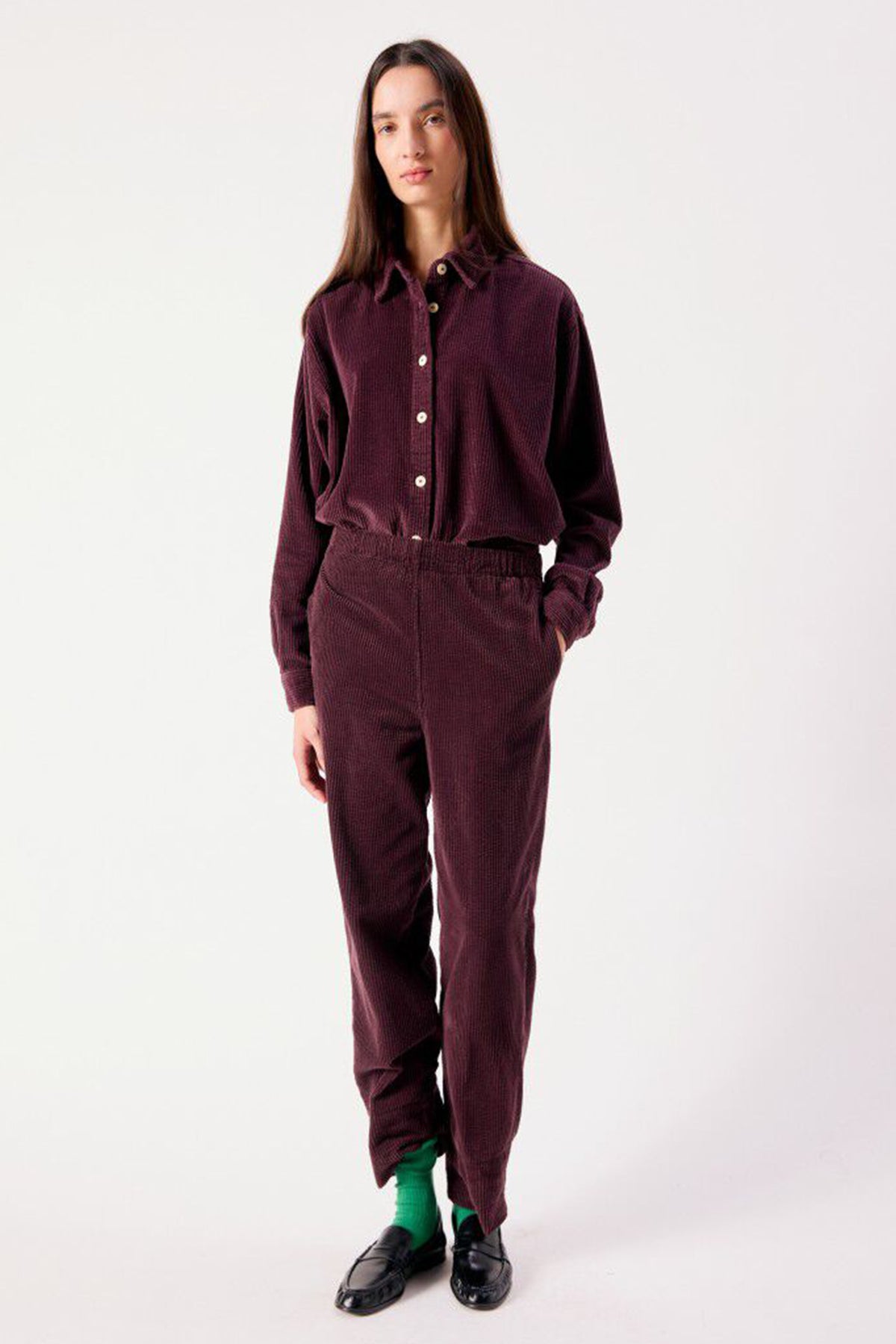 American Vintage Padow Auburn Vintage Purple Trousers PADO137, full length with matching shirt