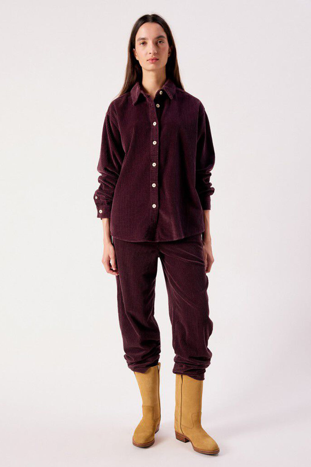 American Vintage Padow Auburn Vintage Purple Trousers PADO137, styled with ankle boots