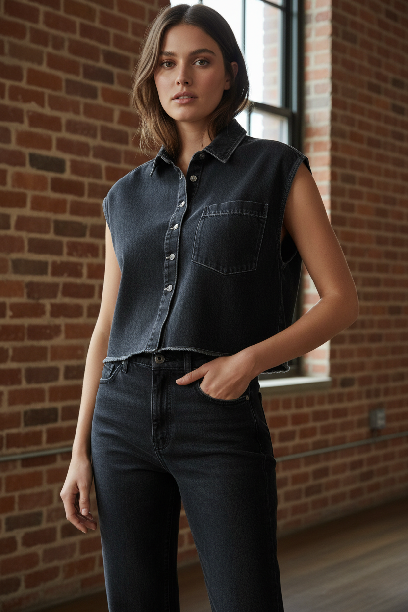 American Vintage YOP06DE26 Yopday-B Black Denim Sleeveless Shirt