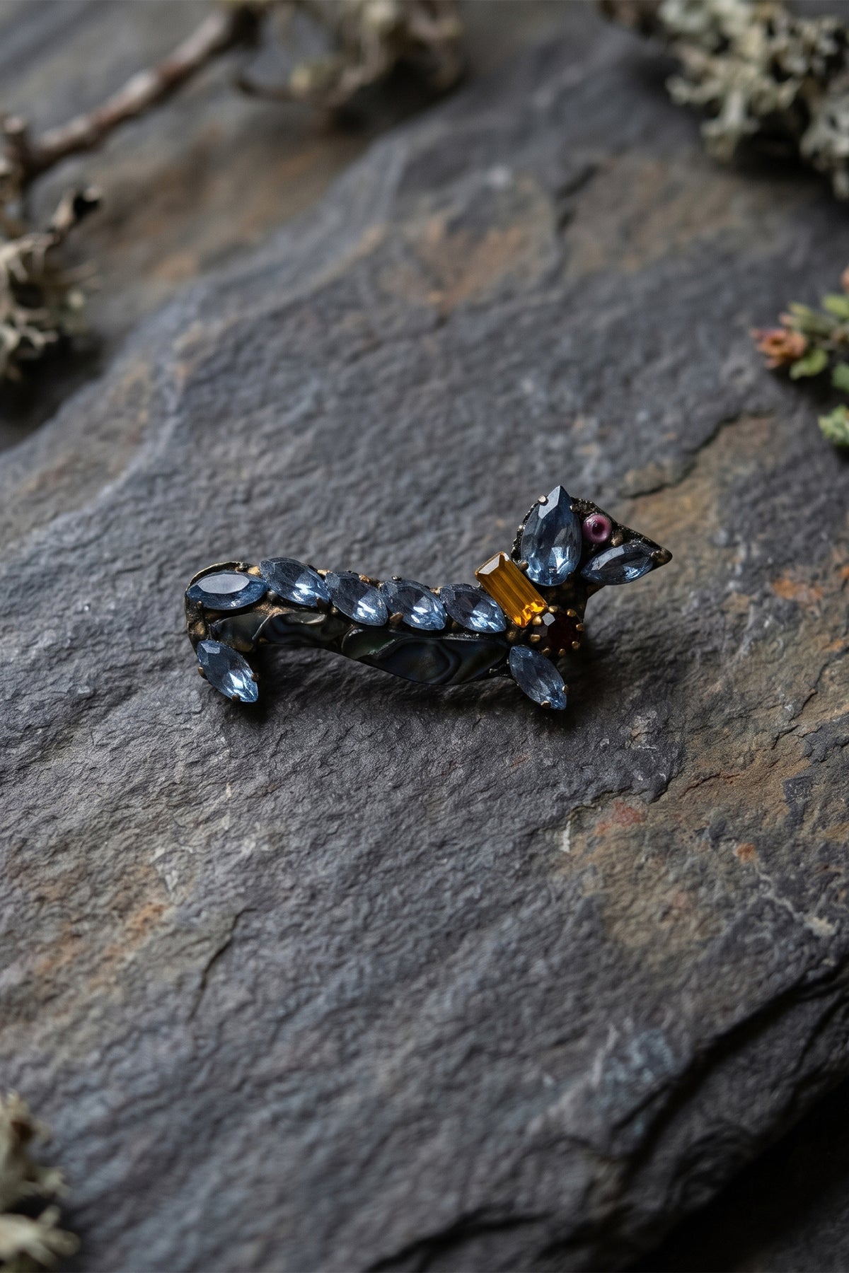 Annie Sherburne Dachshund Brooch Blue, front view