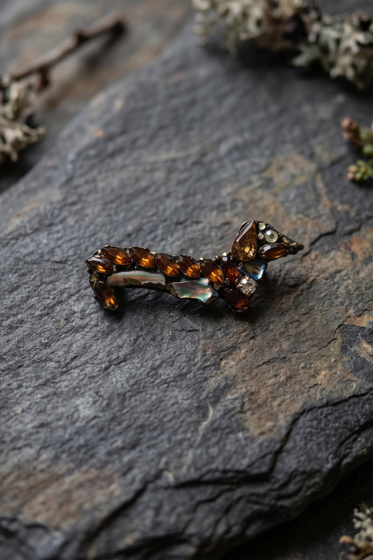 Annie Sherburne Dachshund Brooch Orange, front view