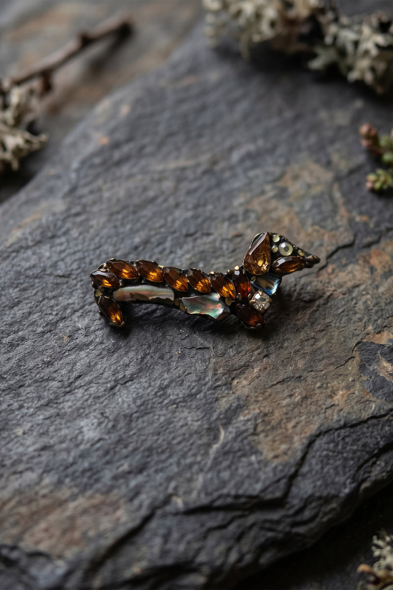 Annie Sherburne Dachshund Brooch Orange, front view