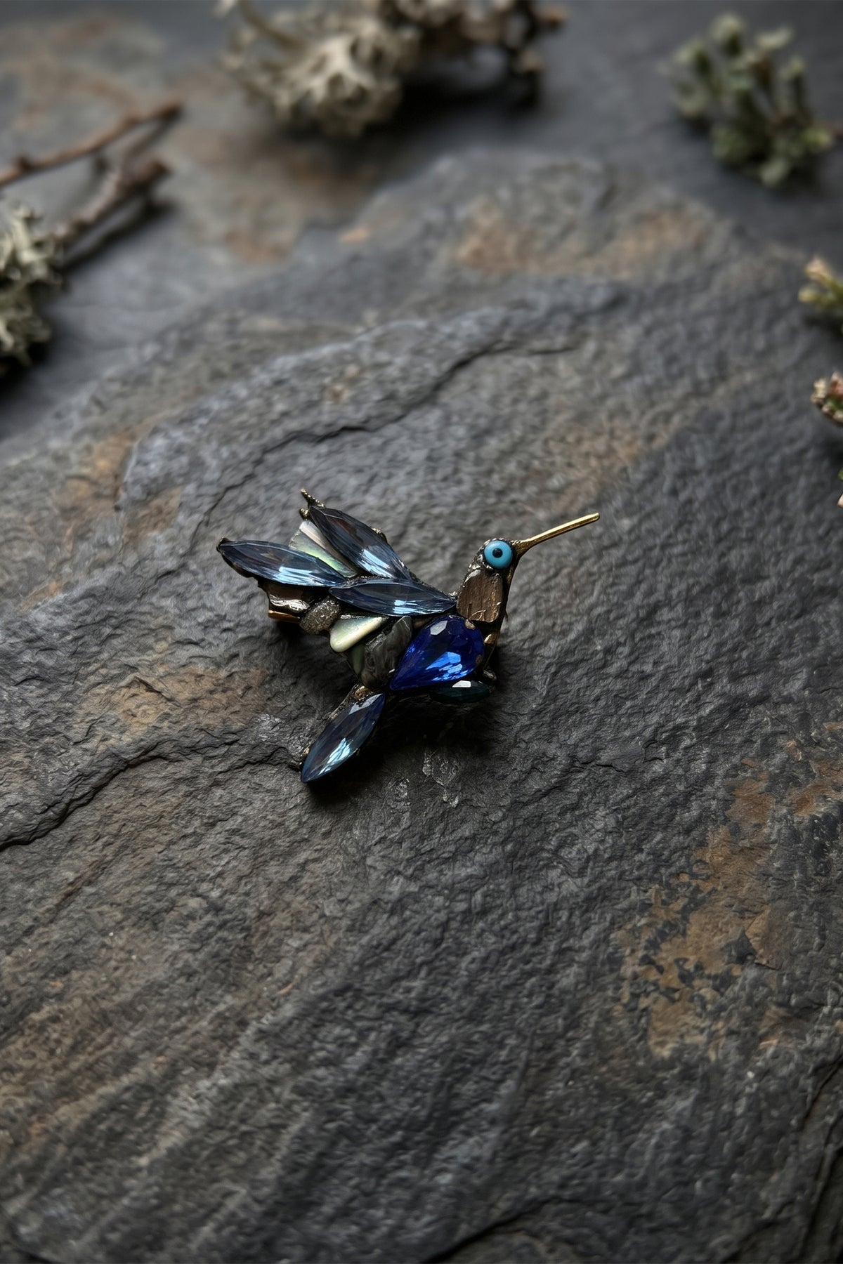 Annie Sherburne Hummingbird Brooch Blue, front view