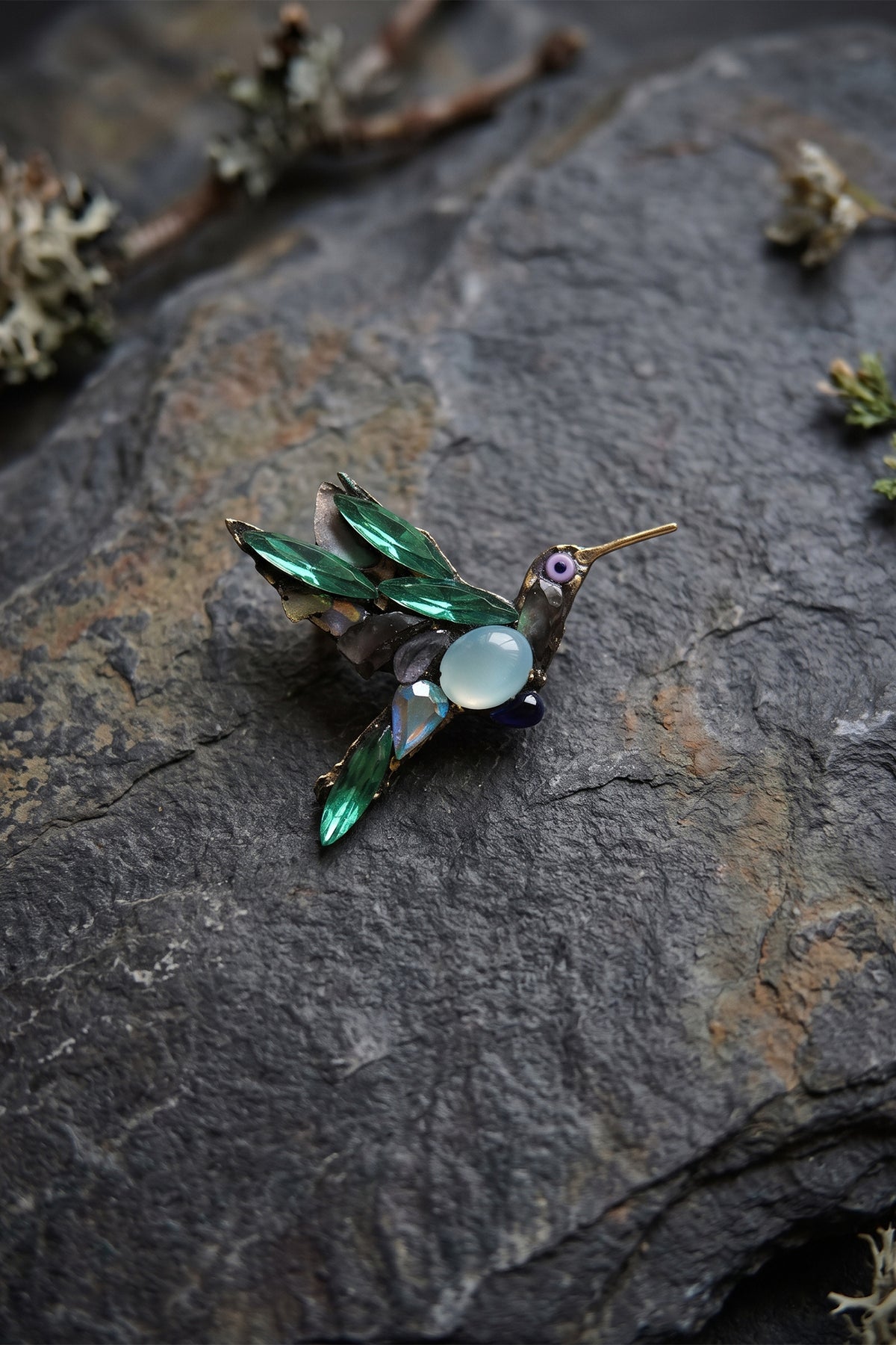 Annie Sherburne Hummingbird Brooch Green, front view
