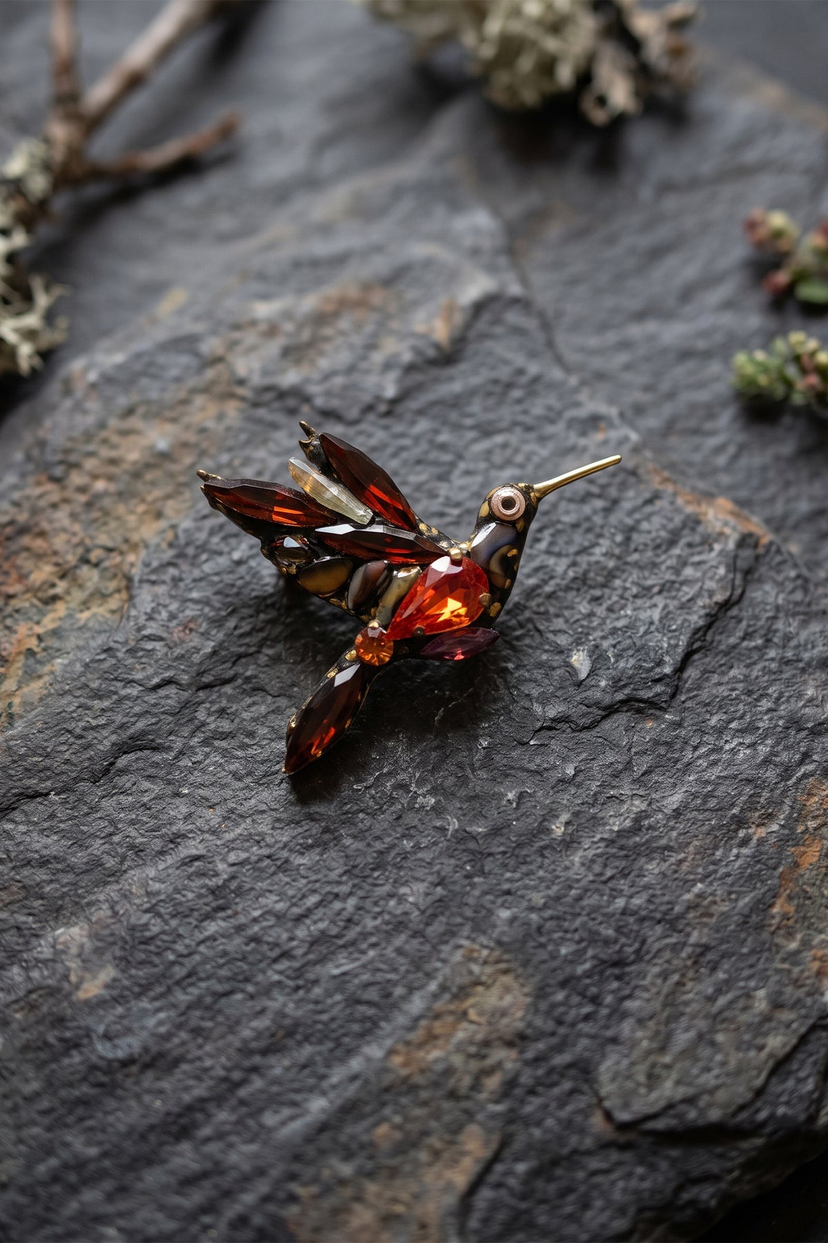Annie Sherburne Hummingbird Brooch Orange, front view