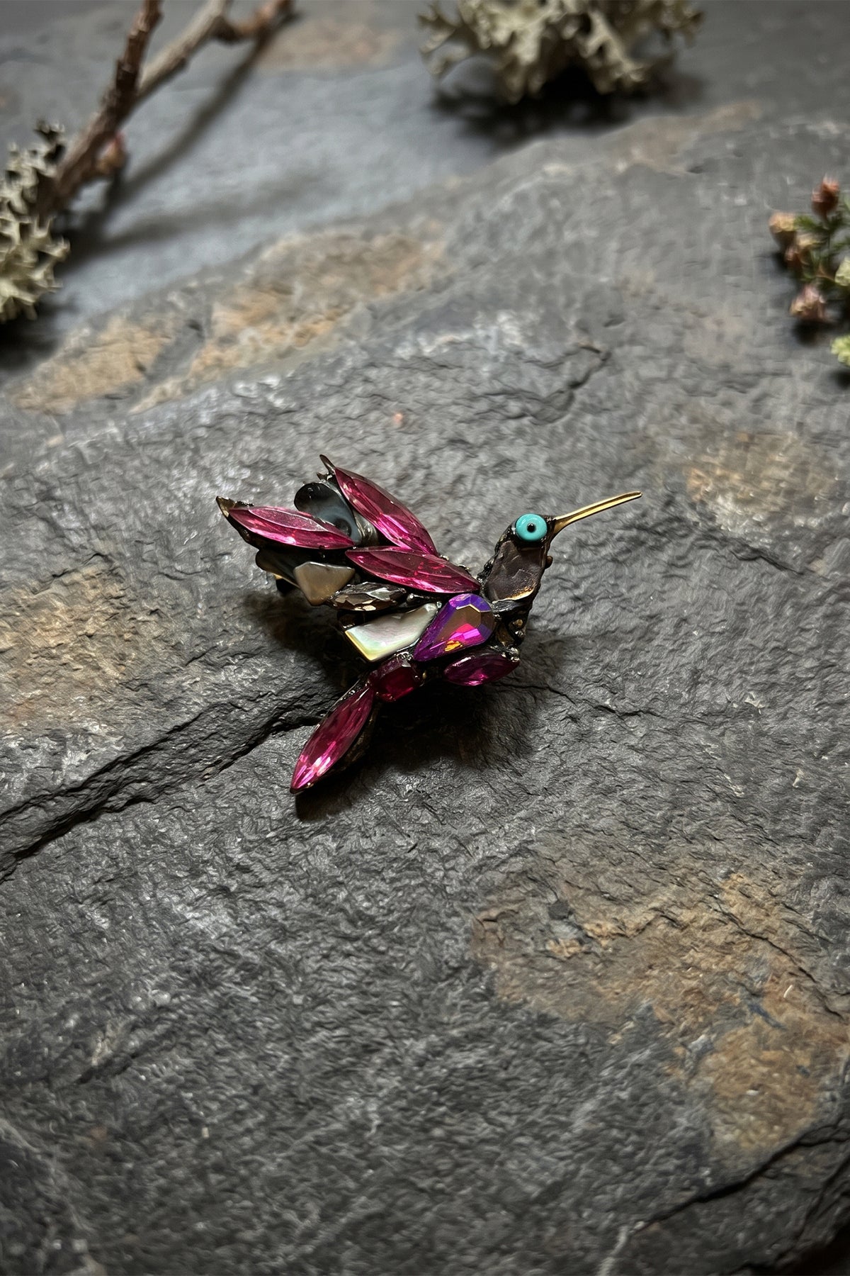 Annie Sherburne Hummingbird Brooch Pink, front view