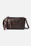 Biba Alaska Dark Brown Leather Cross Body Bag AKA3L, front view showing the zip pocket