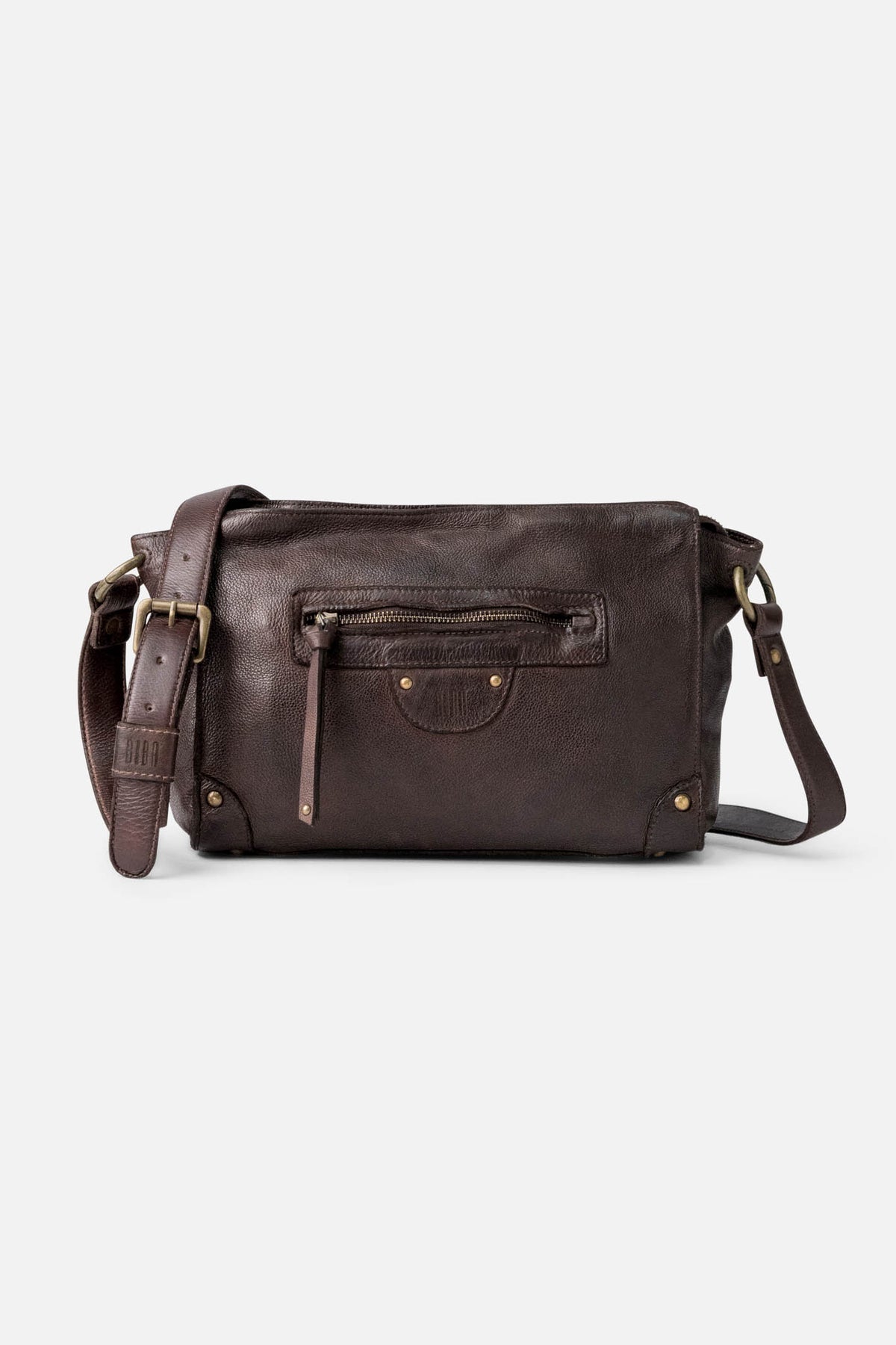 Biba Alaska Dark Brown Leather Cross Body Bag AKA3L, front view showing the zip pocket