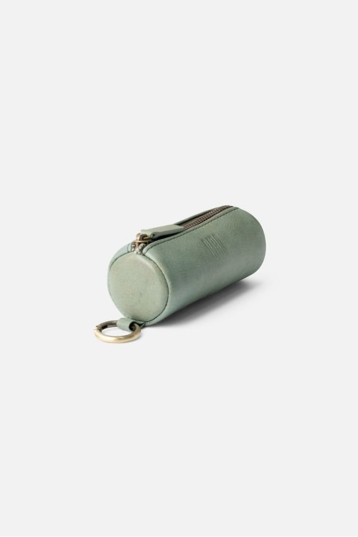 Biba Connecticut Khaki Leather Keyring COH7L in sage green, angled view showing the zip and brass ring