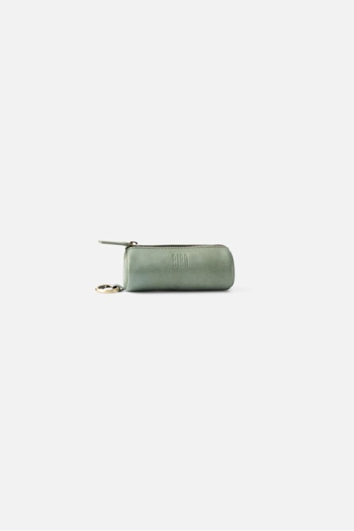Biba Connecticut Khaki Leather Keyring COH7L in sage green, side view with the stamped Biba mark