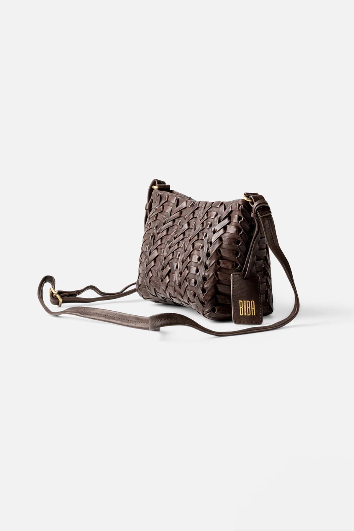 Biba Elk Dark Brown Woven Leather Cross Body Bag ELK2L, side view showing the strap