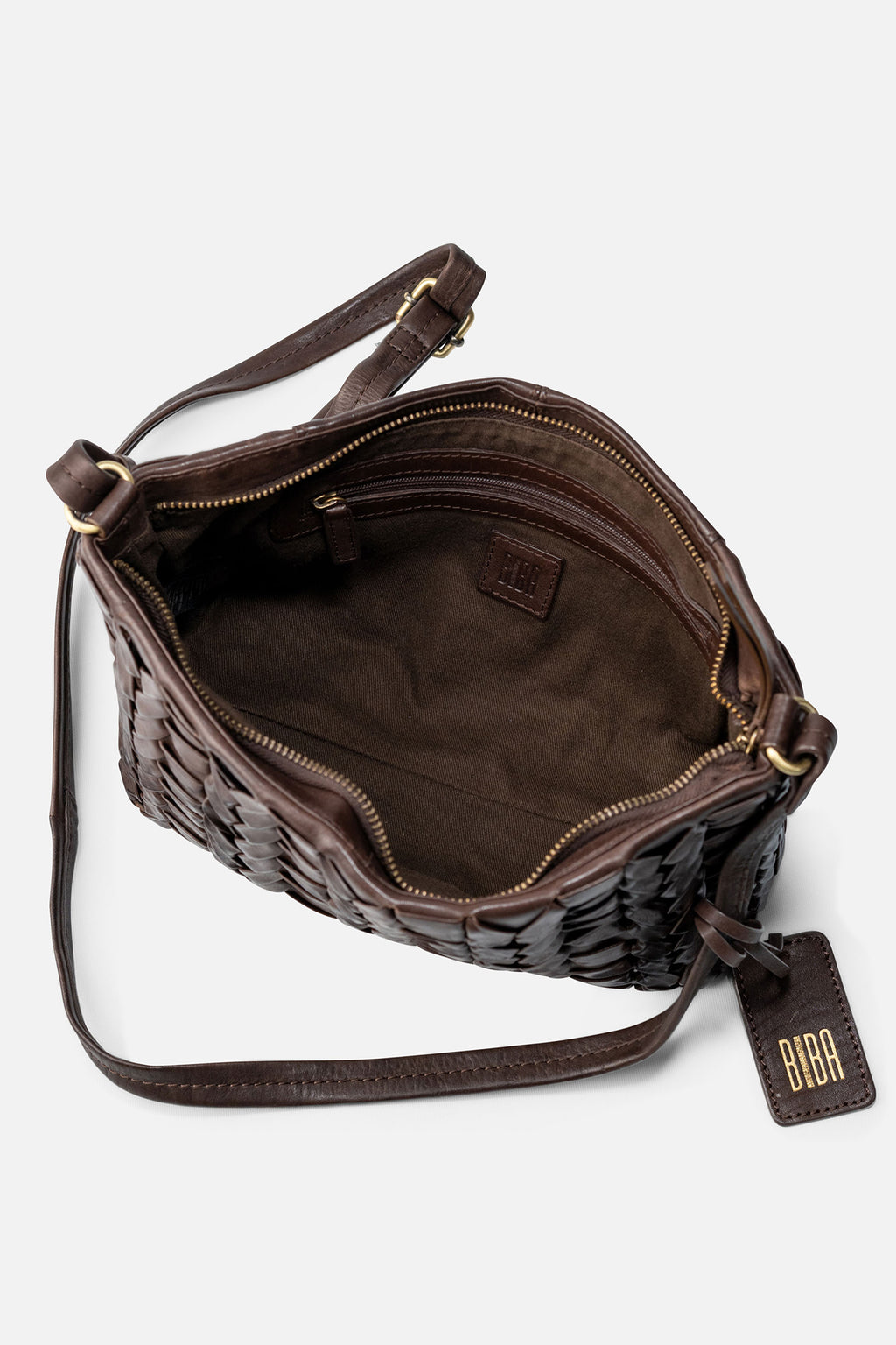 Biba Elk Dark Brown Woven Leather Cross Body Bag ELK2L, interior view