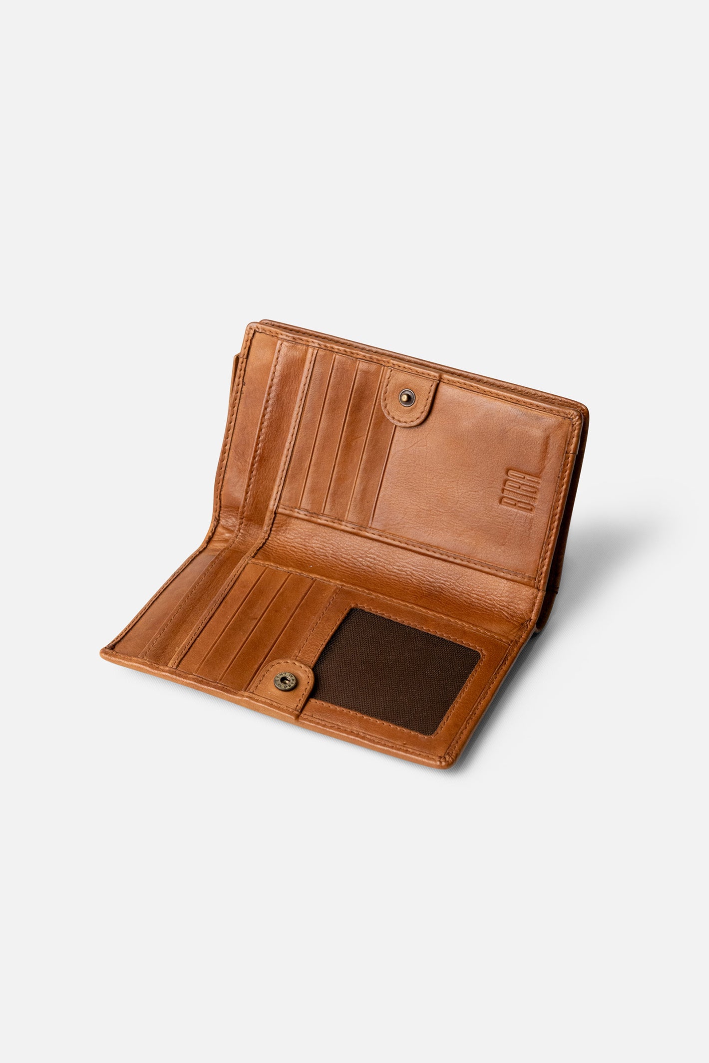 Biba Elk Tan Leather Travel Purse ELK3L, open showing the card slots and note section