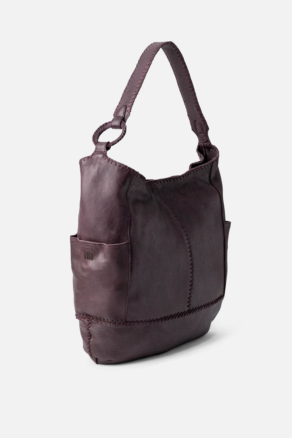 Biba Hanna Burgundy Leather Shoulder Bag HAN1L, side view showing the braided strap and brass ring