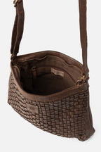 Biba Kansas Dark Brown Woven Cross Body Bag KA2, close detail of the weave and brass plate
