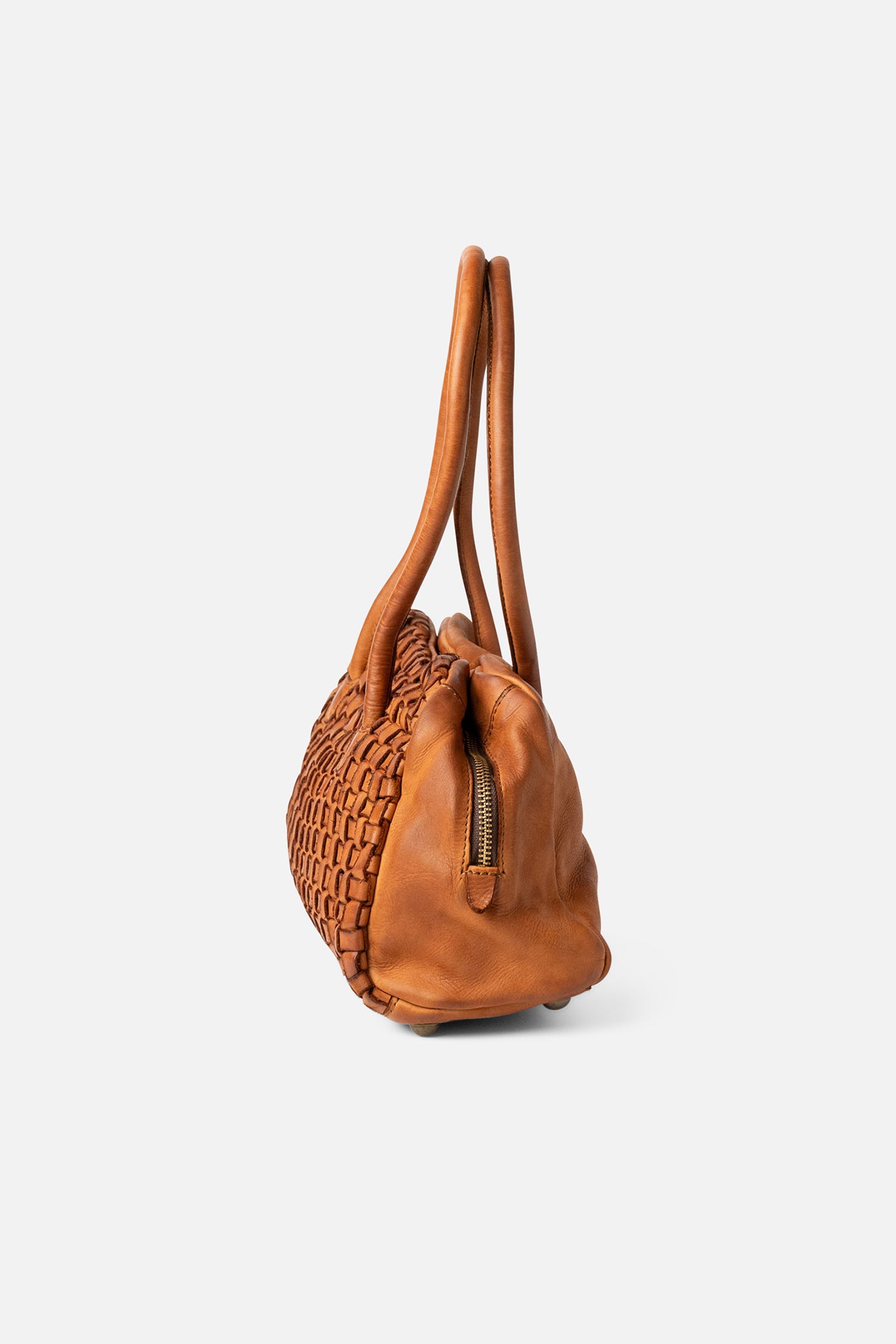 Biba Kansas Tan Woven Leather Shoulder Bag KA28, side view showing the handles