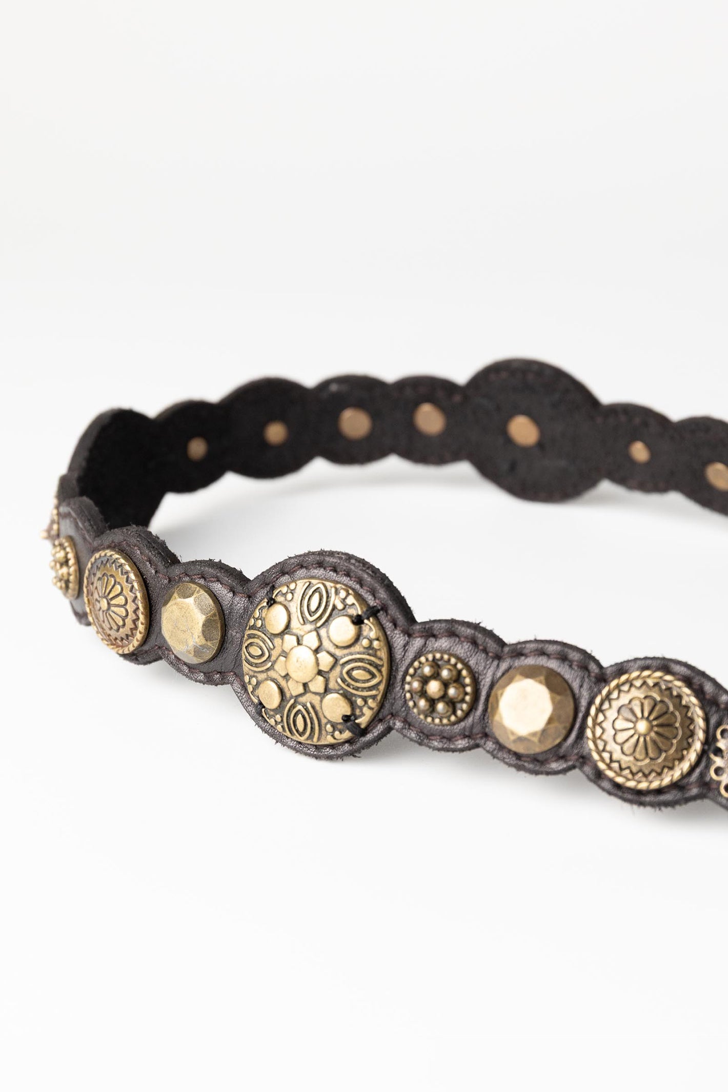 Biba Kenai Dark Brown Disc Studded Leather Belt NAI1A, close detail of the stamped brass discs