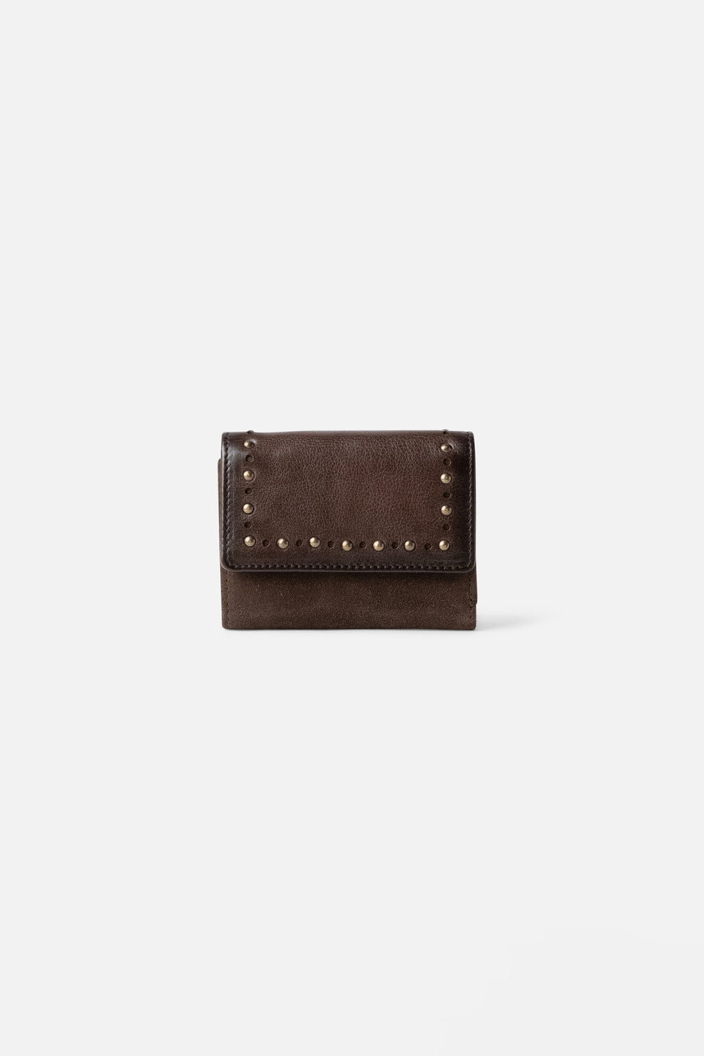 Biba Leff Dark Brown Small Leather Purse LEF3L, closed front view showing the brass stud border