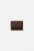 Biba Leff Dark Brown Small Leather Purse LEF3L, closed front view showing the brass stud border