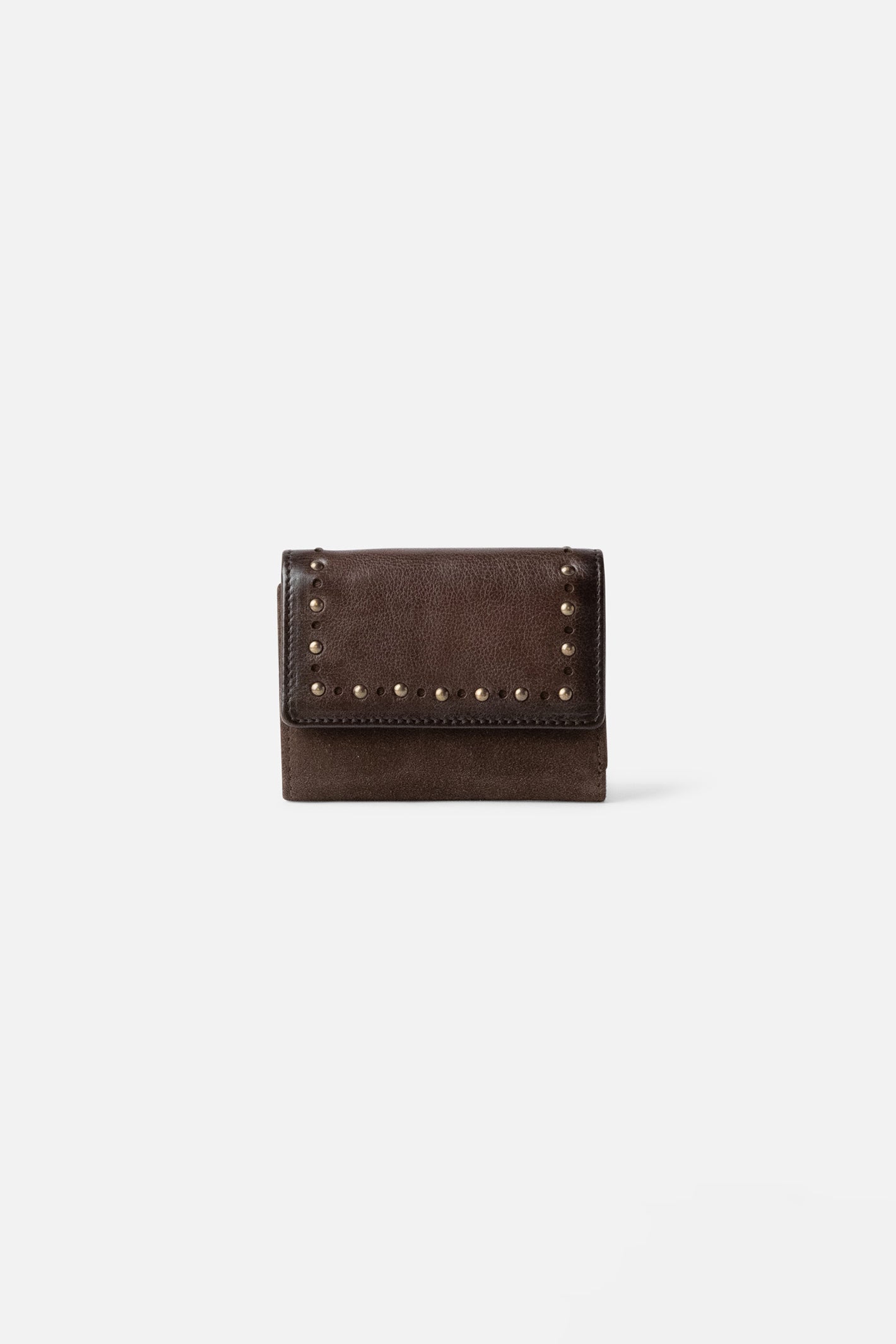 Biba Leff Dark Brown Small Leather Purse LEF3L, closed front view showing the brass stud border