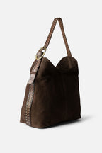 Biba Leff Dark Brown Suede Shoulder Bag LEF1L, side view showing the whipstitched edge