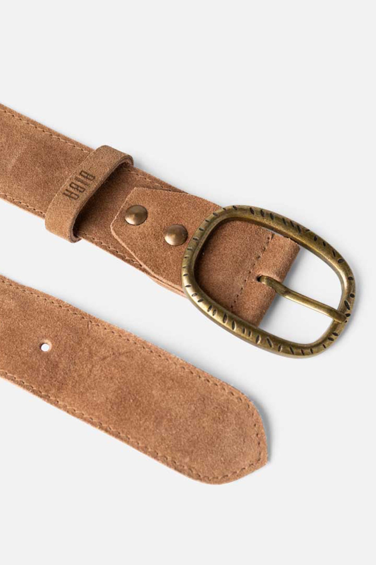 Biba Linwood Tan Suede Belt LIO1A, close detail of the oval buckle