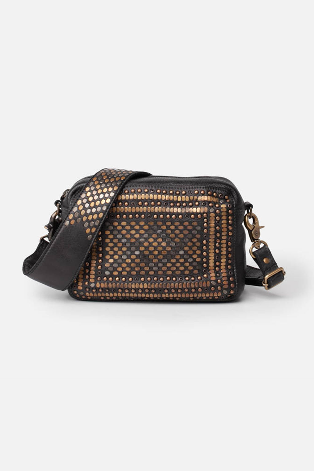 Biba Lovington Black Studded Leather Cross Body Bag LOT1L, front view showing the studded panel