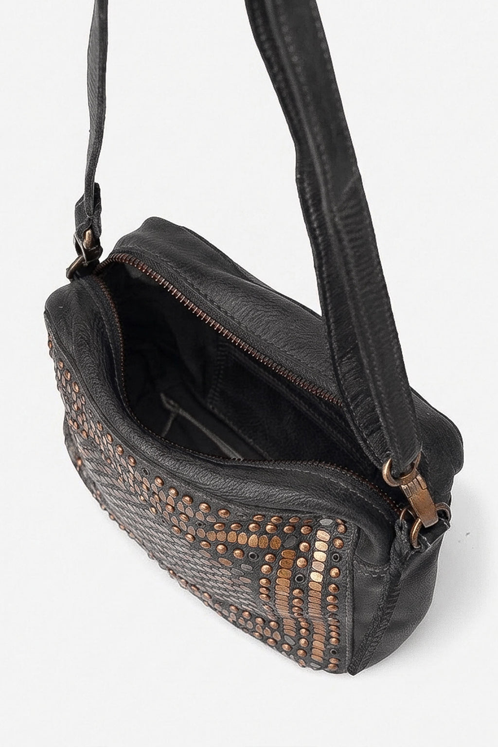 Biba Lovington Black Studded Leather Cross Body Bag LOT1L, close detail of the brass studwork