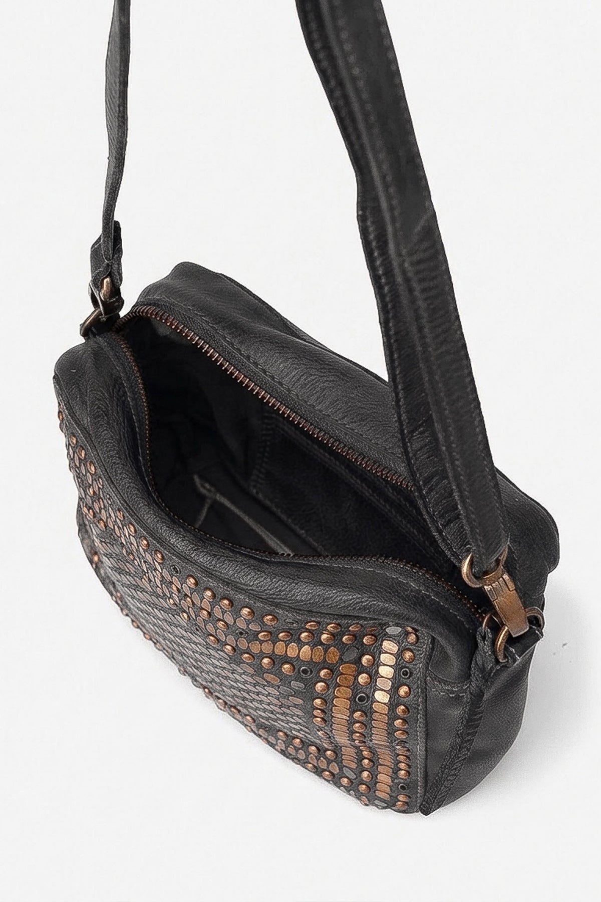 Biba Lovington Black Studded Leather Cross Body Bag LOT1L, close detail of the brass studwork