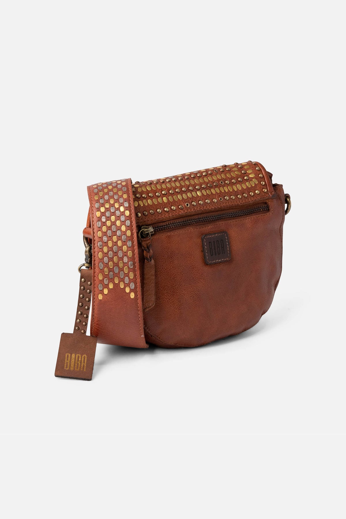 Biba Lovington Tan Studded Leather Shoulder Bag LOT5L, side view showing the half moon shape