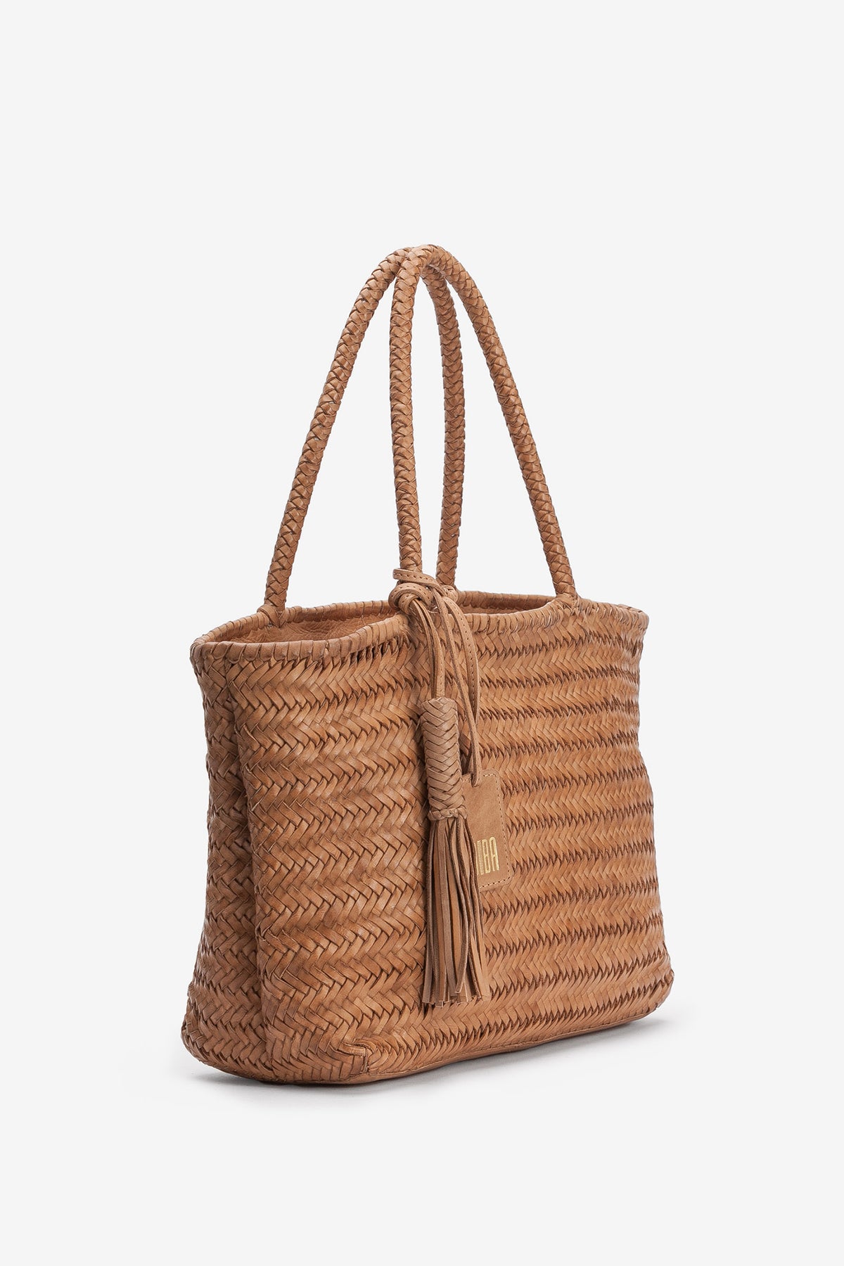 Biba Perkins Camel Woven Leather Basket Bag PER1L, side view showing the braided handles