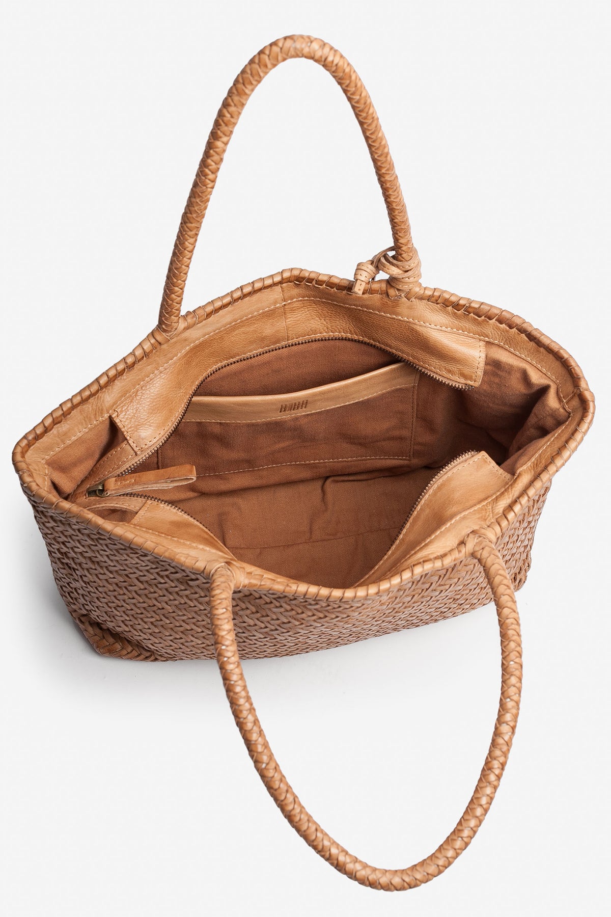 Biba Perkins Camel Woven Leather Basket Bag PER1L, close detail of the herringbone weave