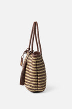 Biba Perkins Dark Brown Stripe Woven Leather Basket Bag PER1L, side view showing the braided handles
