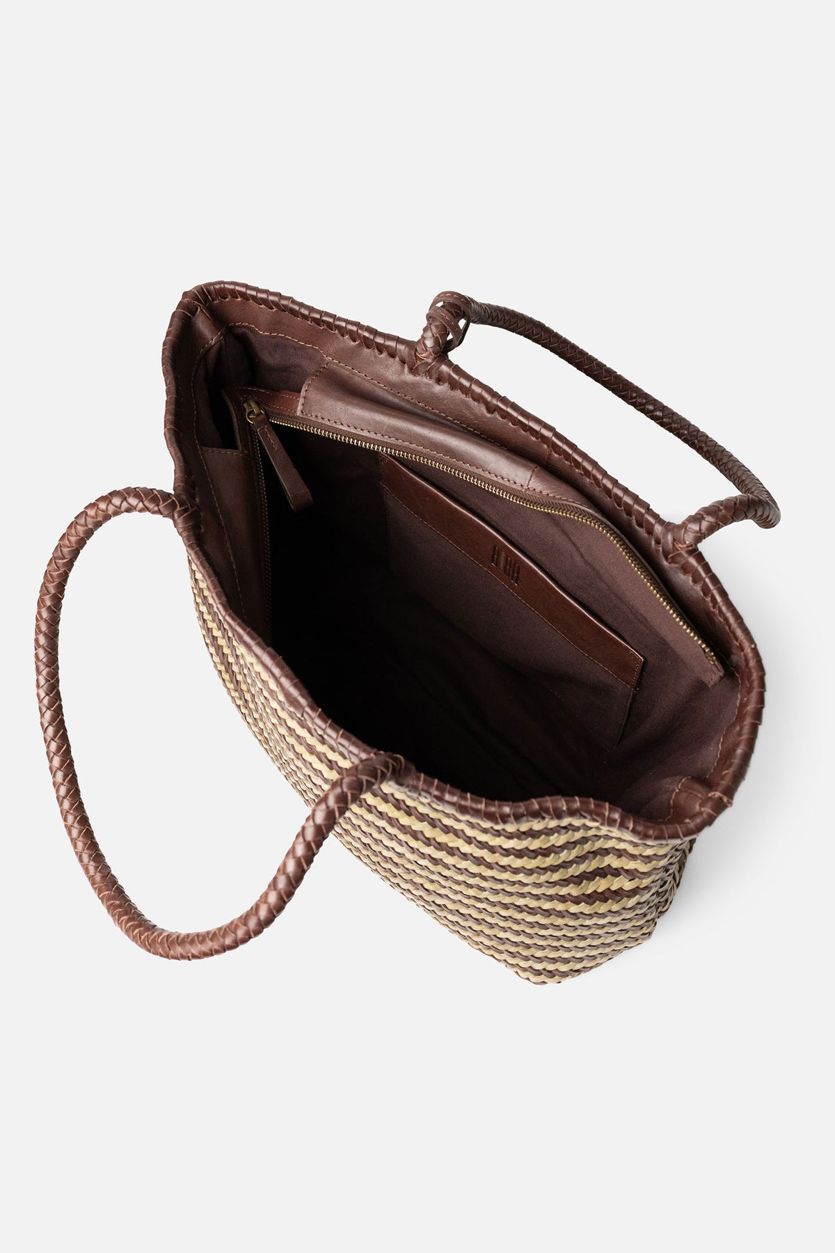 Biba Perkins Dark Brown Stripe Woven Leather Basket Bag PER1L, close detail of the striped weave