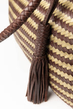 Biba Perkins Dark Brown Stripe Woven Leather Basket Bag PER1L, tassel and base detail