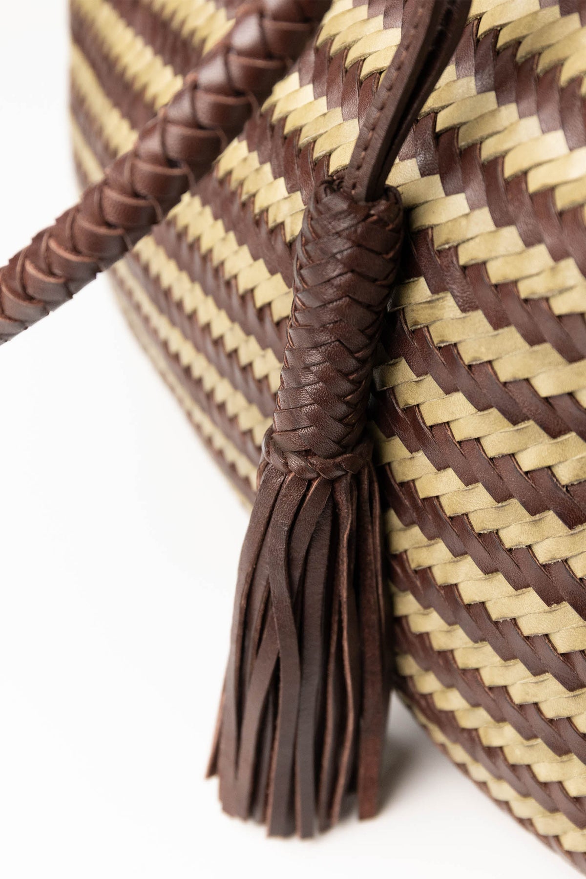 Biba Perkins Dark Brown Stripe Woven Leather Basket Bag PER1L, tassel and base detail