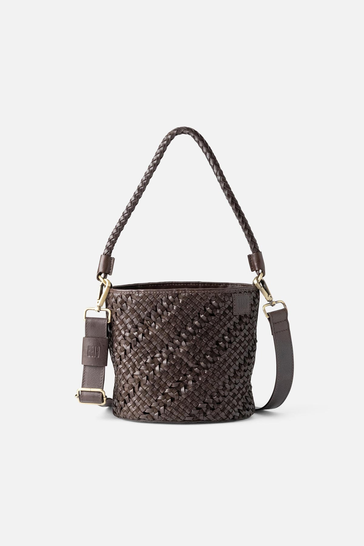 Biba Selma Dark Brown Woven Leather Bucket Bag SEM1L, front view