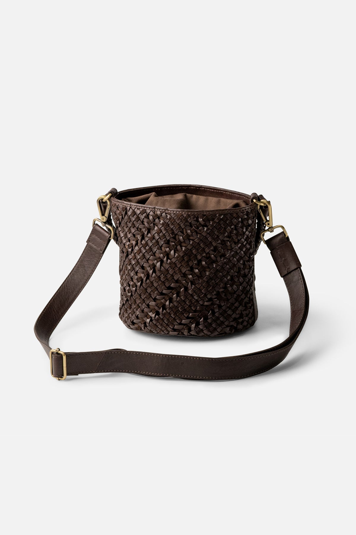 Biba Selma Dark Brown Woven Leather Bucket Bag SEM1L, side view showing the braided strap