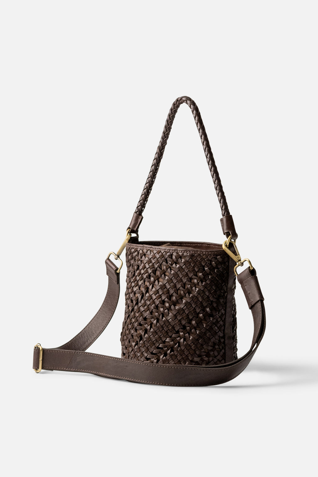 Biba Selma Dark Brown Woven Leather Bucket Bag SEM1L, close detail of the basketweave