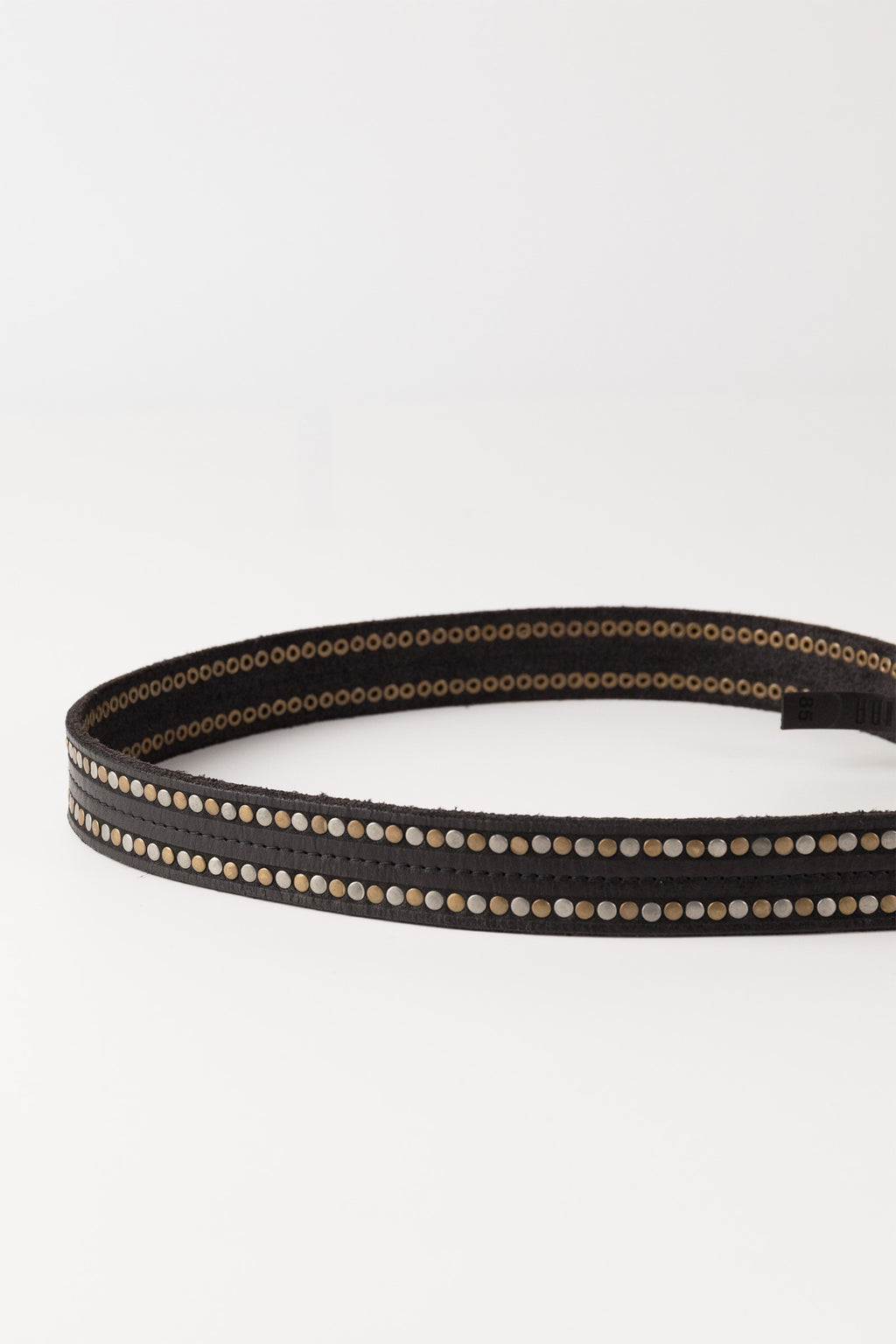 Biba Stella Black Studded Leather Belt SLA1A, close detail of the brass studs and buckle