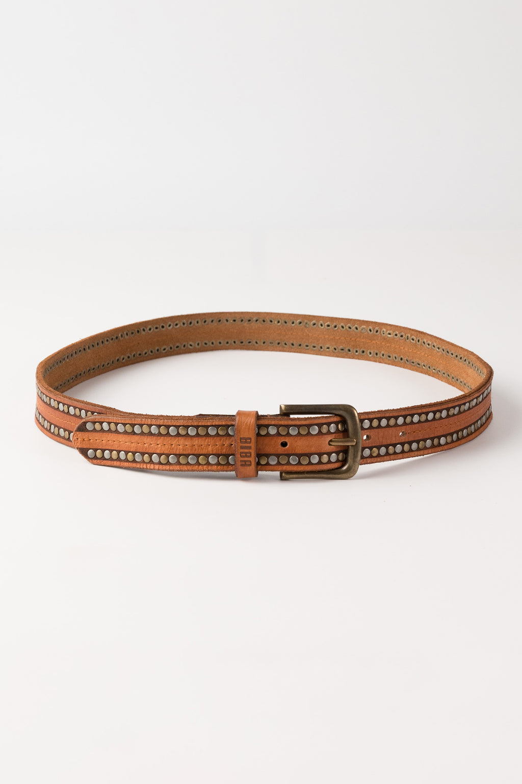 Biba Stella Tan Studded Leather Belt SLA1A, full length view