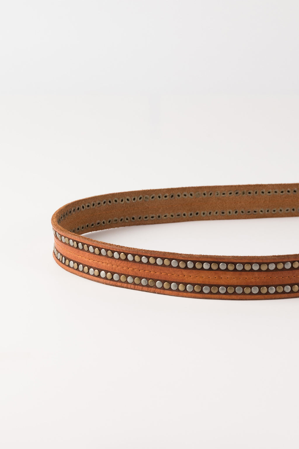 Biba Stella Tan Studded Leather Belt SLA1A, close detail of the brass studs and buckle